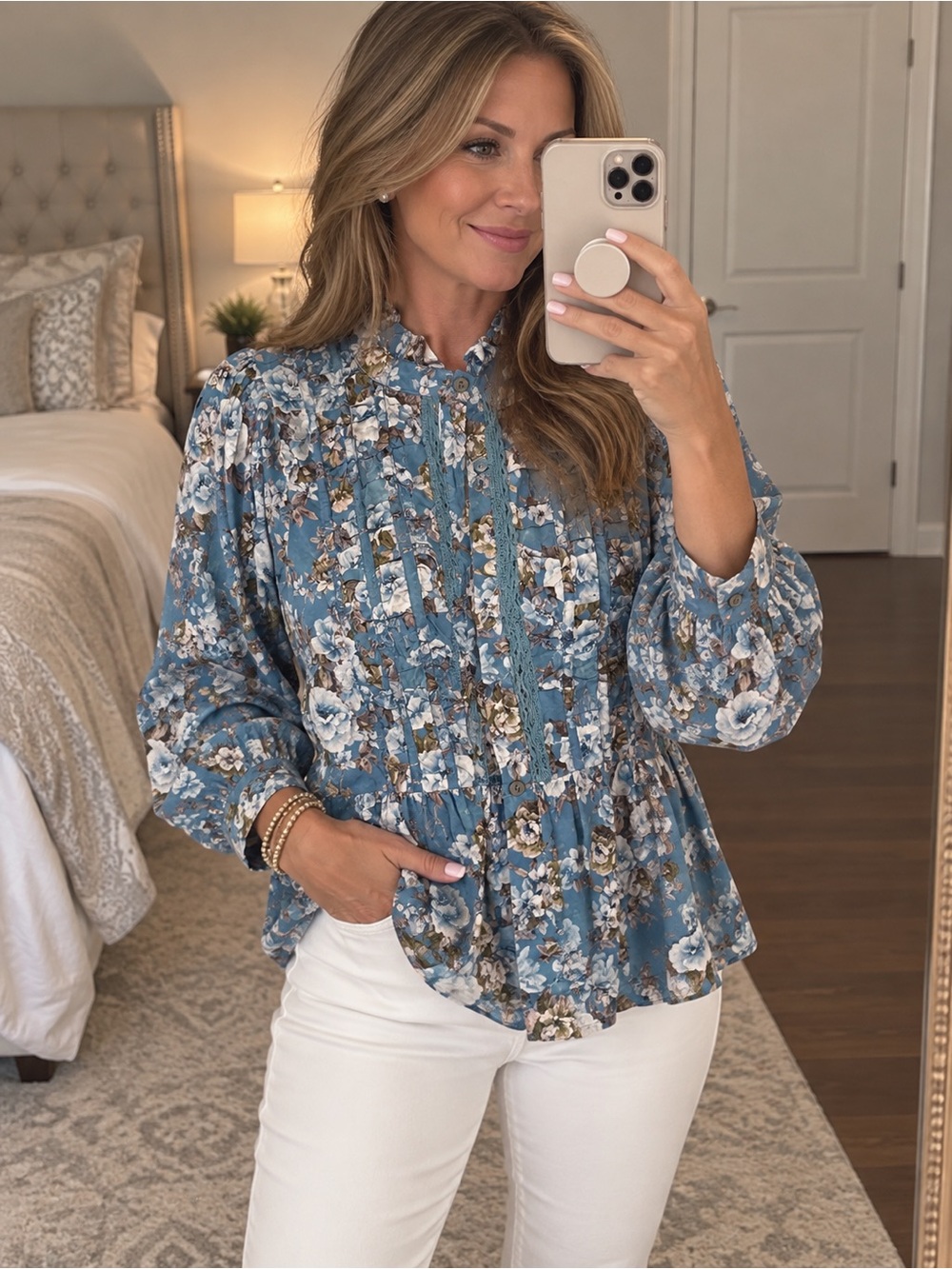 entro Blue Floral Pintuck Peplum Blouse